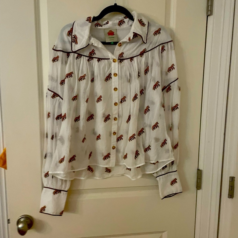 Farm Rio embroidered horse print button down blouse size M